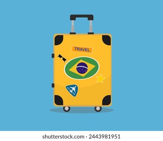 Maleta o equipaje con bandera de Brasil, idea de vacaciones y vacaciones, viaje a Brasil, diseño de maleta de Vector, viaje al extranjero, concepto de turismo y viaje, equipaje con pegatinas