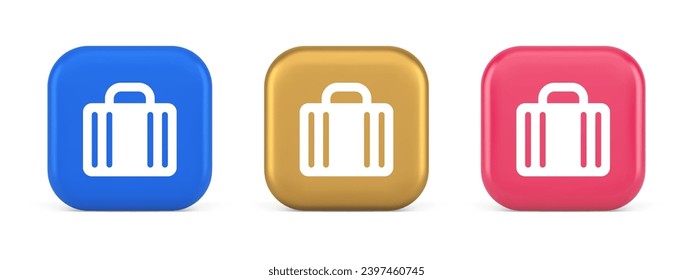 Suitcase baggage briefcase button office business accessory travel tourism element 3d realistic blue gold and pink icons. Modern portfolio for things carrying web interface emblem