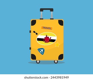 Suitcase or baggage with Brunei flag, holiday and vacation idea, travel to Brunei, vector suitcase design, travel abroad, tourism and trip concept, baggage with stickers