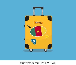 Suitcase or baggage with Cameroon flag, holiday and vacation idea, travel to Cameroon, vector suitcase design, travel abroad, tourism and trip concept, baggage with stickers