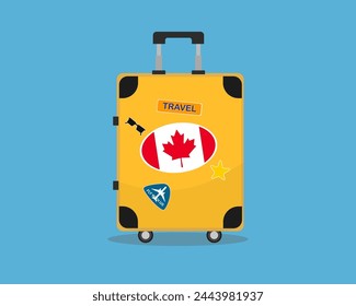 Suitcase or baggage with Canada flag, holiday and vacation idea, travel to Canada, vector suitcase design, travel abroad, tourism and trip concept, baggage with stickers