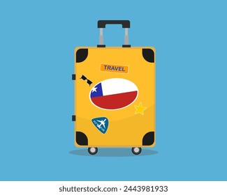 Suitcase or baggage with Chile flag, holiday and vacation idea, travel to Chile, vector suitcase design, travel abroad, tourism and trip concept, baggage with stickers