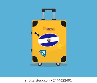 Suitcase or baggage with El Salvador flag, holiday and vacation idea, travel to El Salvador, vector suitcase design, travel abroad, tourism and trip concept, baggage with stickers