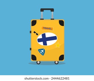 Suitcase or baggage with Finland flag, holiday and vacation idea, travel to Finland, vector suitcase design, travel abroad, tourism and trip concept, baggage with stickers