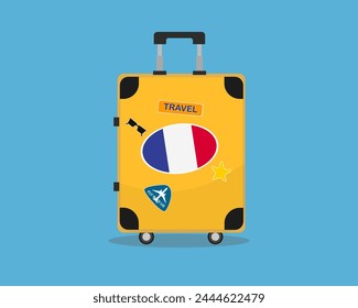 Suitcase or baggage with France flag, holiday and vacation idea, travel to France, vector suitcase design, travel abroad, tourism and trip concept, baggage with stickers