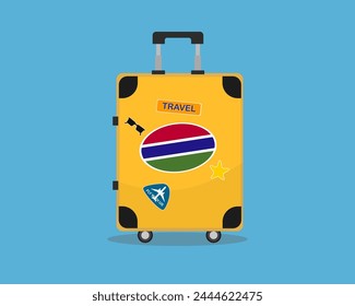 Suitcase or baggage with Gambia flag, holiday and vacation idea, travel to Gambia, vector suitcase design, travel abroad, tourism and trip concept, baggage with stickers