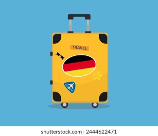 Suitcase or baggage with Germany flag, holiday and vacation idea, travel to Germany, vector suitcase design, travel abroad, tourism and trip concept, baggage with stickers