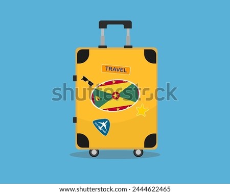 Suitcase or baggage with Grenada flag, holiday and vacation idea, travel to Grenada, vector suitcase design, travel abroad, tourism and trip concept, baggage with stickers