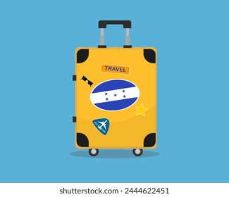 Suitcase or baggage with Honduras flag, holiday and vacation idea, travel to Honduras, vector suitcase design, travel abroad, tourism and trip concept, baggage with stickers