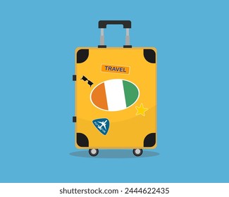 Suitcase or baggage with Ivory Coast flag, holiday and vacation idea, travel to Ivory Coast, vector suitcase design, travel abroad, tourism and trip concept, baggage with stickers