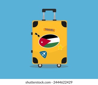 Suitcase or baggage with Jordan flag, holiday and vacation idea, travel to Jordan, vector suitcase design, travel abroad, tourism and trip concept, baggage with stickers