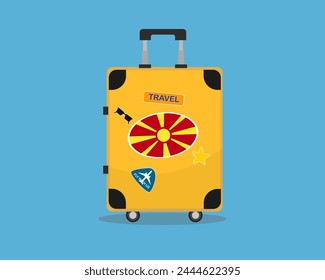 Suitcase or baggage with Macedonia flag, holiday and vacation idea, travel to Macedonia, vector suitcase design, travel abroad, tourism and trip concept, baggage with stickers