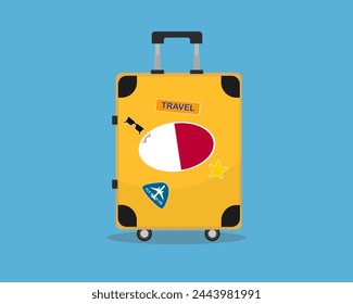 Suitcase or baggage with Malta flag, holiday and vacation idea, travel to Malta, vector suitcase design, travel abroad, tourism and trip concept, baggage with stickers