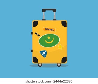 Suitcase or baggage with Mauritania flag, holiday and vacation idea, travel to Mauritania, vector suitcase design, travel abroad, tourism and trip concept, baggage with stickers
