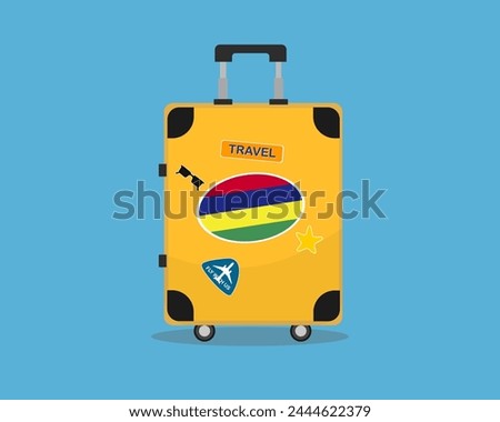 Suitcase or baggage with Mauritius flag, holiday and vacation idea, travel to Mauritius, vector suitcase design, travel abroad, tourism and trip concept, baggage with stickers