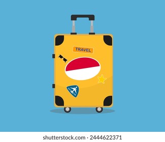 Suitcase or baggage with Monaco flag, holiday and vacation idea, travel to Monaco, vector suitcase design, travel abroad, tourism and trip concept, baggage with stickers