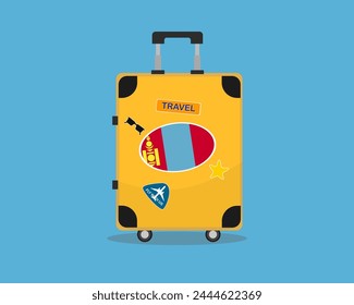 Suitcase or baggage with Mongolia flag, holiday and vacation idea, travel to Mongolia, vector suitcase design, travel abroad, tourism and trip concept, baggage with stickers