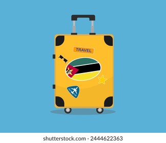 Suitcase or baggage with Mozambique flag, holiday and vacation idea, travel to Mozambique, vector suitcase design, travel abroad, tourism and trip concept, baggage with stickers