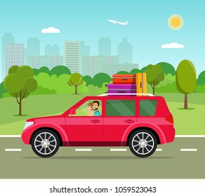 Suitcase, bags and other luggage in the  car. Vector flat style illustration