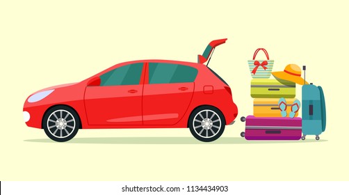 Maleta, bolsas y otros equipajes al lado del maletero del auto. Ilustración de estilo plano vectorial