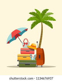 Suitcase, bags and other luggage, palm tree and umbrella beach. Vector flat style illustration