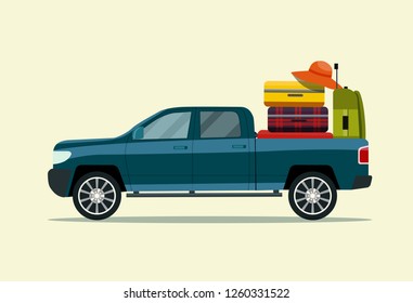 Suitcase, bags and other luggage in the pickup truck. Vector flat style illustration