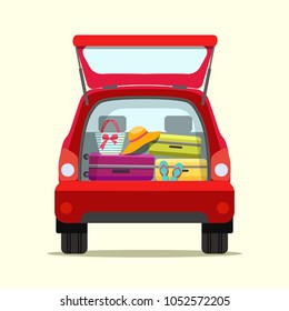 Suitcase, bags and other luggage in the trunk of the car on the back. Vector flat style illustration