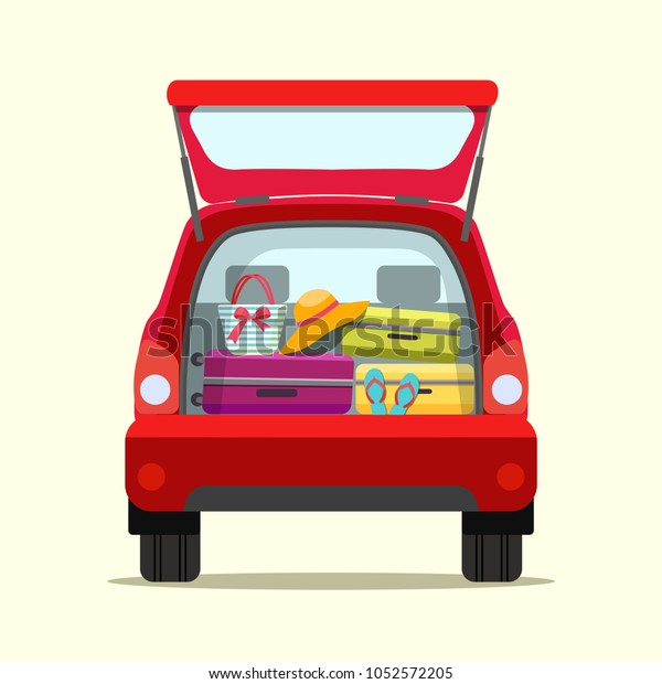Suitcase, bags and other luggage\
in the trunk of the car on the back. Vector flat style\
illustration
