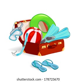 suitcase with beach accessories. vector illustration