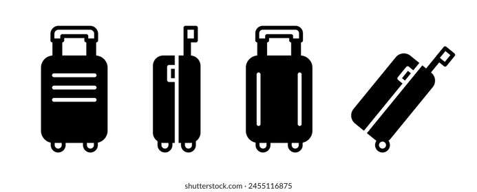 Suitcase black icon set. Travel bag vector symbols. Trip baggage black illustration isolated.