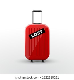 Suitcase with black Lost sticker. Baggage lost during transport concept. Vector illustration