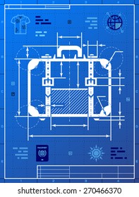 Suitcase as blueprint drawing. Stylized drafting of travel bag on blueprint paper. Qualitative vector graphics for travel, luggage, tourism, accessory, vacation, baggage, trip, etc