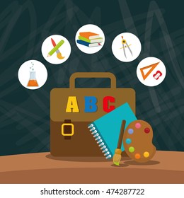 suitcase book brush back to shool education  icon set. Colorful and grunge design. Vector illustration