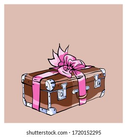 A suitcase with a bow. Picture in pink with space for the inscription. Allegory of a pleasant trip as a gift. Decoration for your postcards and printing.