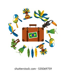 suitcase with brazil flag sticker and brazilian culture icons around over white background. colorful design. vector illustration