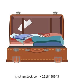 Der Koffer ist braun, offen mit Kleidung, ein Buch und eine Brille einzeln auf weißem Hintergrund.Vektorgrafik des Gepäcks für touristische Designs.