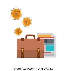 suitcase of businessman with file sheet in white background