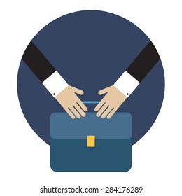Suitcase of businessmen with hands over  background. vector