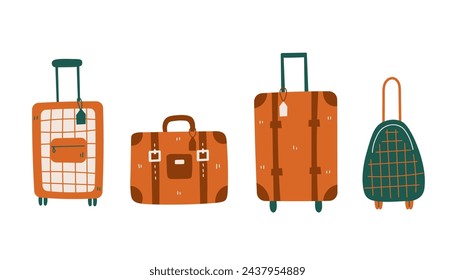 Suitcase and cabin luggage vector set. Modern collection of hand drawn baggage with handle and wheels. Isolated  illustrations on white background. Travaling and transportation concept design.