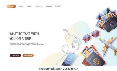 Suitcase, camera, airplane, sunglasses, passports and tickets. Travel, tourism, adventure, journey concept. Vector illustration for banner, poster, website, advertising.