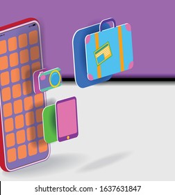 Suitcase and camera icons on mobile phone screen for travel and tourism website. Vector banner