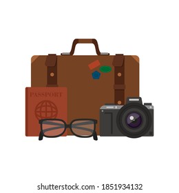Suitcase, camera, passport and  sunglasses for travel, flat vector design