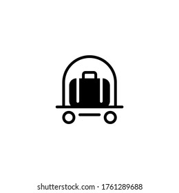 Vector de icono del carrito de maletas en glifo plano negro, estilo relleno aislado en fondo blanco
