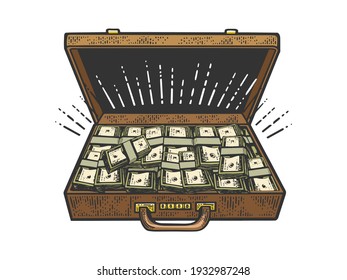 suitcase with cash dollars color sketch engraving vector illustration. T-shirt apparel print design. Scratch board imitation. Black and white hand drawn image.