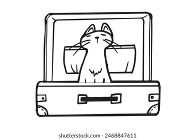 suitcase with cat. traveling with pets. cat in suitcase. Travel with animals. flat outline hand drawn sketch vector illustration for poster, flyer, sellers, stickers, web, banner, instruction design.
