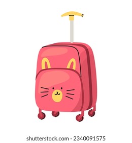 Suitcase for children in bunny shape with retractable handle and wheels. Fun gear for the holidays. Travel concept with kids. Vector illustration. Vacation postcard design.