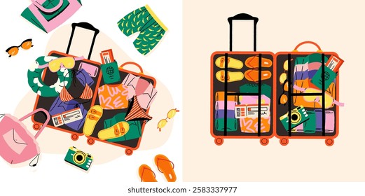 Suitcase with clothes. Cartoon open travel bag with packed things, travel luggage with organized clothes and accessories for road trip. Vector flat suitcase illustration.