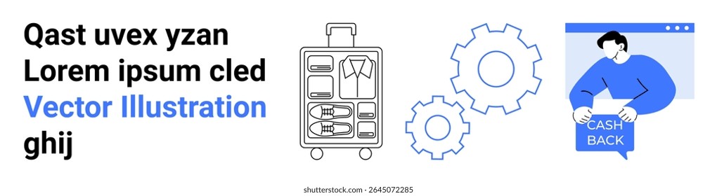Suitcase with clothes, gears, man holding Cash Back sign. Ideal for travel, technology, cashback offers, business services, online shopping, productivity tools, and automation. Landing page