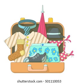 Suitcase with clothes icons set. Flat illustration of suitcase with clothes vector icons for web