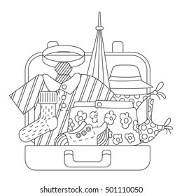 Suitcase with clothes icons set. Outline illustration of suitcase with clothes vector icons for web